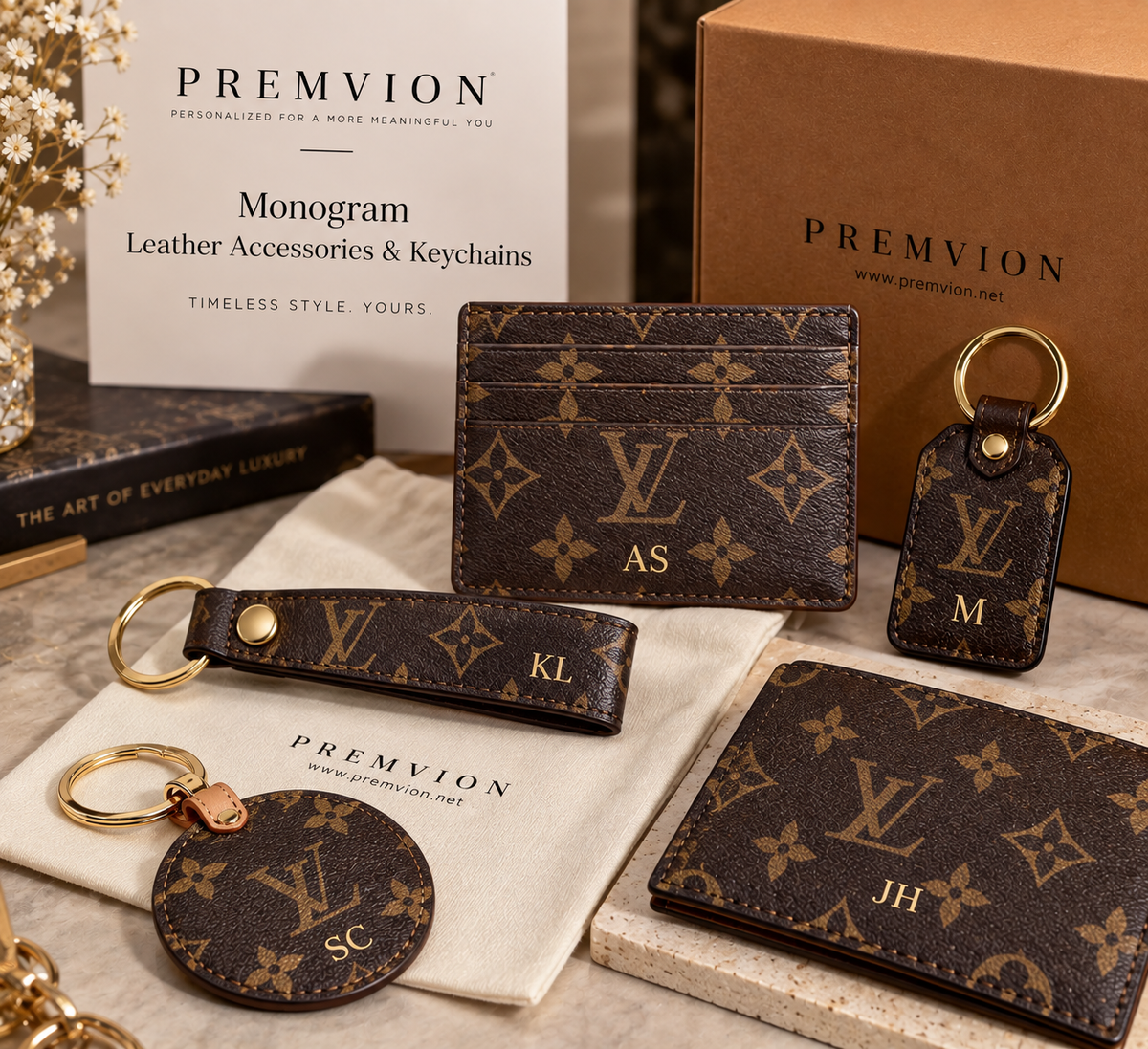 Luxury monogram leather accessories and keychains in a classic brown designer-inspired pattern.