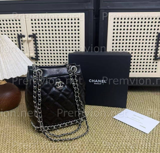 Chanel Beauty black leather GWP cosmetic bag with box