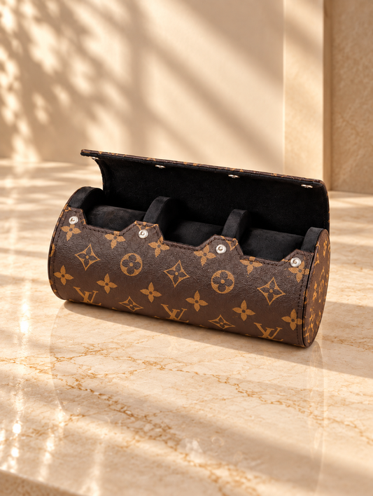 Monogram vintage watch case in leather with gold clasp, closed exterior view