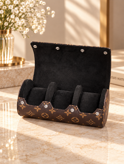 Luxury monogram watch case open showing soft suede interior with three watch compartments