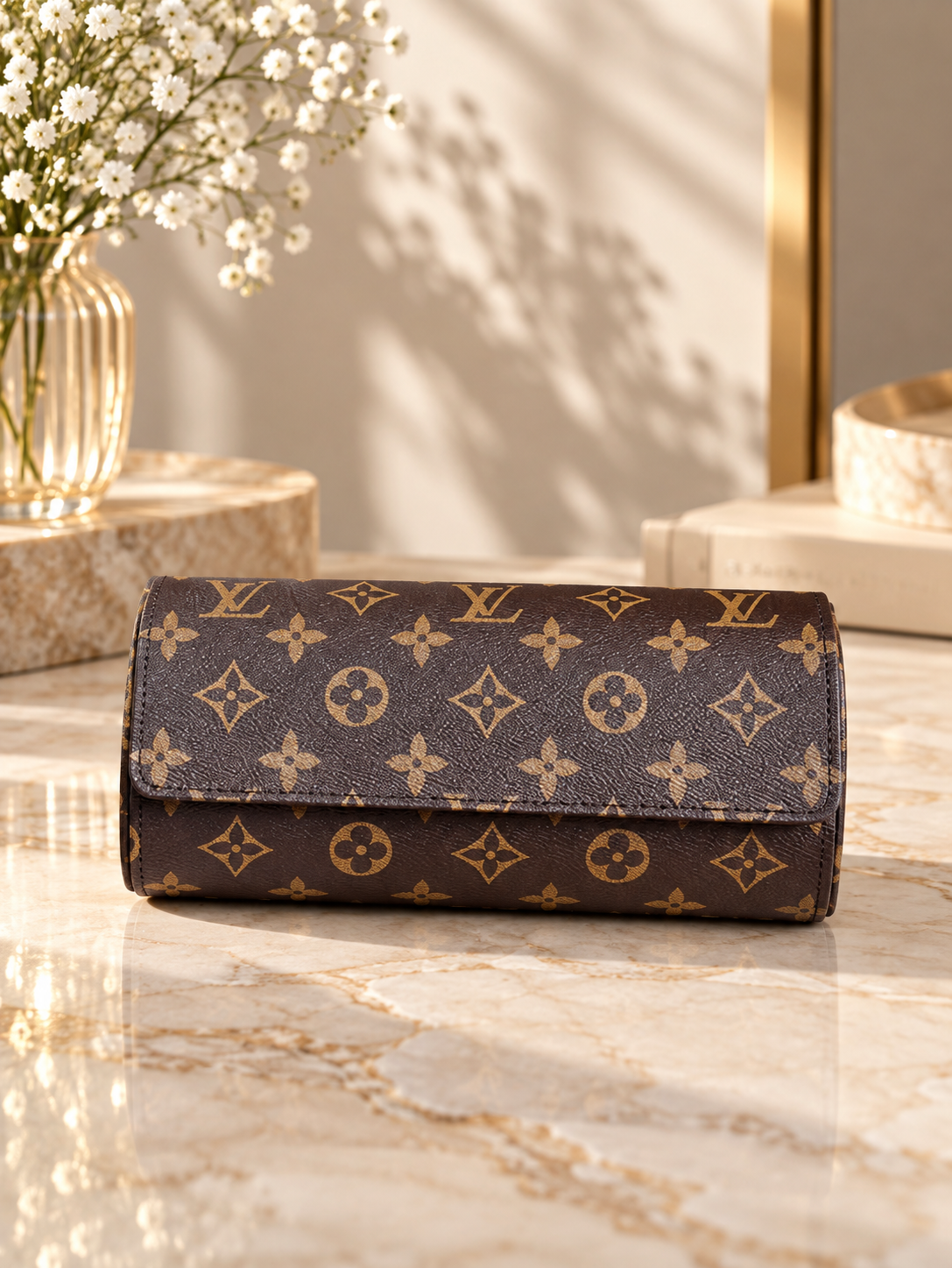 Watch travel case with monogram exterior displayed for travel, three watch capacity