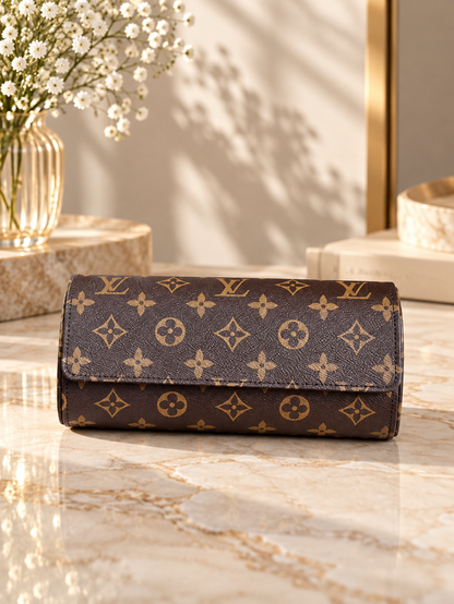 Watch travel case with monogram exterior displayed for travel, three watch capacity