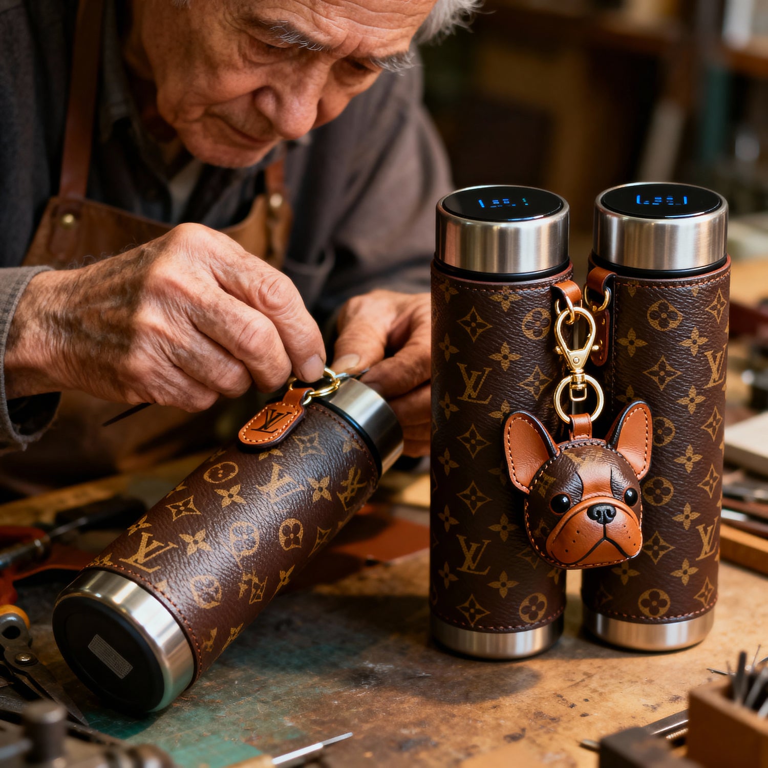 Artisan handcrafting luxury Louis Vuitton leather goods, showcasing upcycled designer materials and sustainable craftsmanship
