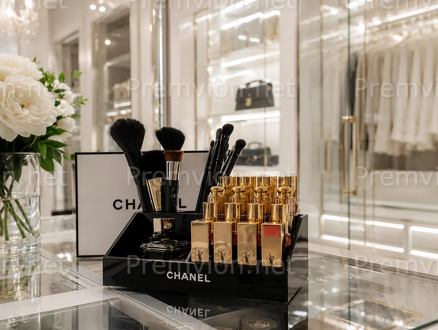 Premium black acrylic beauty organizer for cosmetics and perfume display.