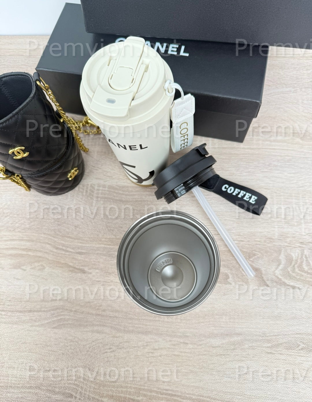 Premium Chanel style stainless steel insulated tumbler 530ml travel mug for hot coffee and cold beverages