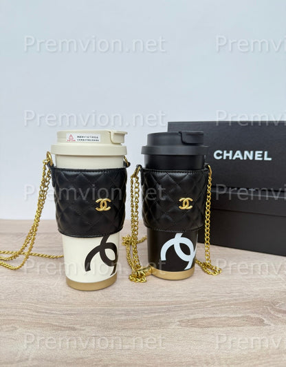 Chanel designer insulated travel mug 530ml stainless steel coffee tumbler with elegant black and white design