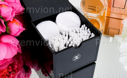 Luxury Chanel acrylic organizer for cotton pads and everyday skincare accessories.