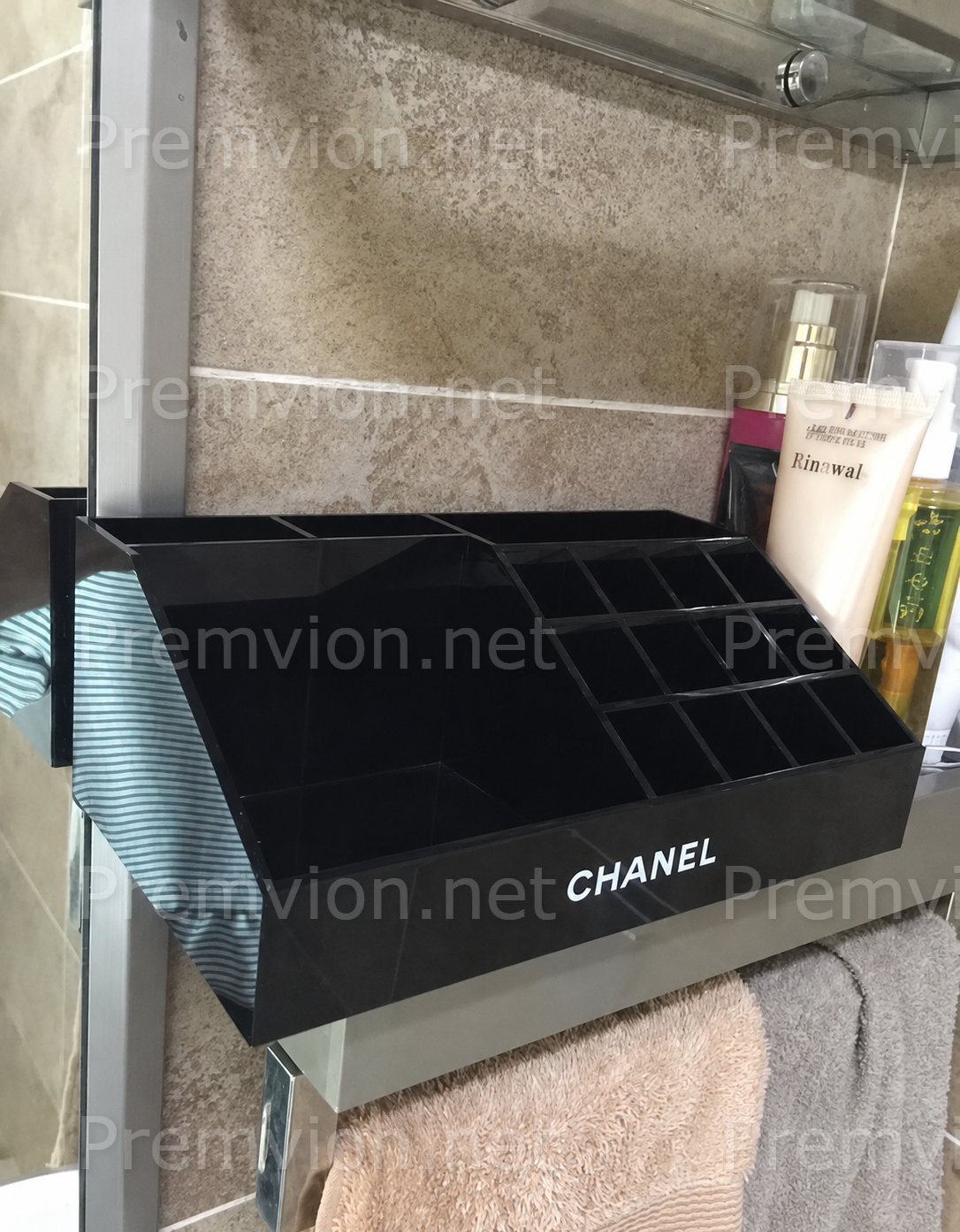 Chanel VIP gift vanity organizer for makeup, skincare, and beauty accessories.