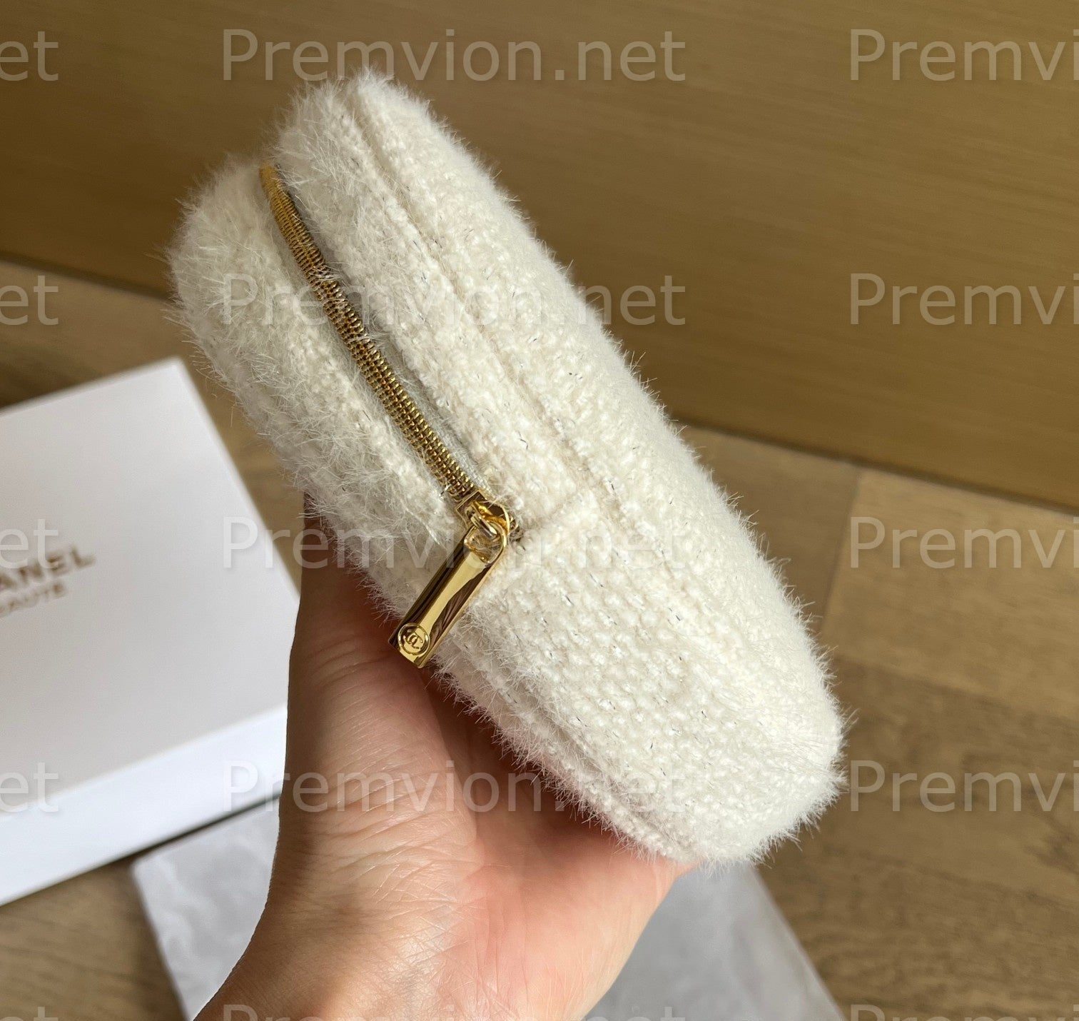 Chanel VIP tweed makeup bag fabric texture close up