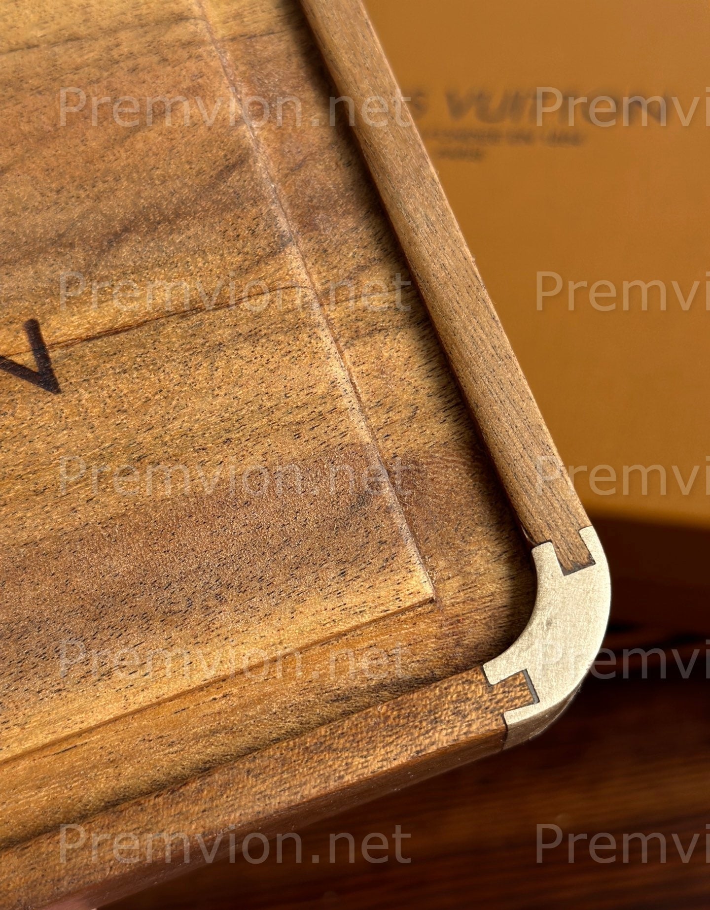 Reverse side of handmade LV inspired walnut wood tray with elegant Louis Vuitton engraving
