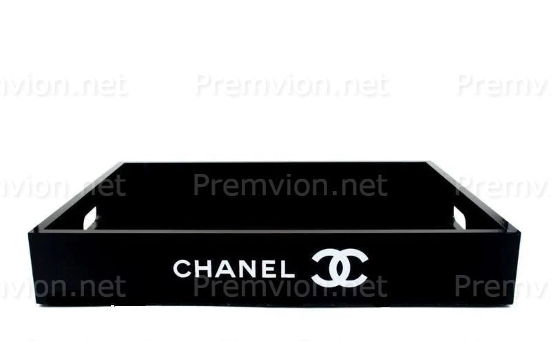 Premium black acrylic Chanel VIP gift serving tray for perfume display, cosmetics, jewelry, and luxury home décor.
