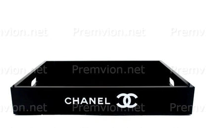 Premium black acrylic Chanel VIP gift serving tray for perfume display, cosmetics, jewelry, and luxury home décor.