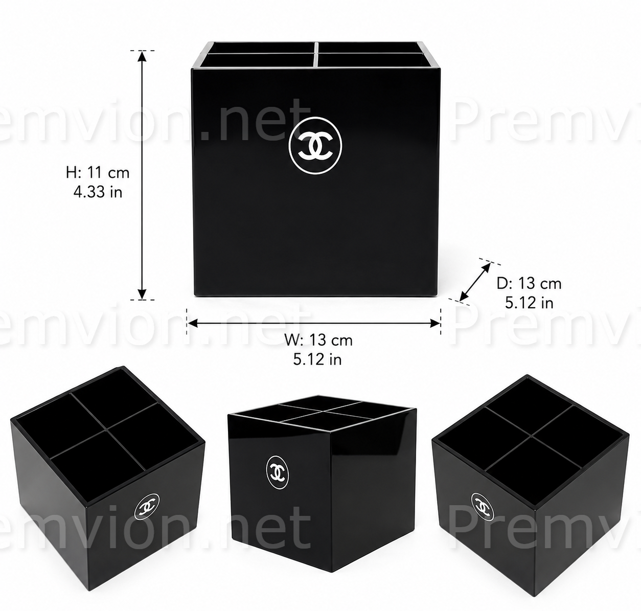 Premium acrylic cosmetic organizer with four compartments for makeup brushes and beauty accessories.