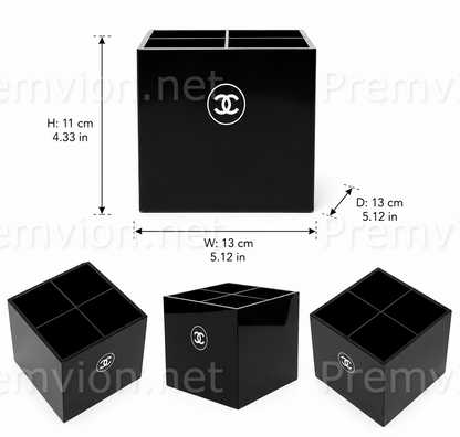 Premium acrylic cosmetic organizer with four compartments for makeup brushes and beauty accessories.