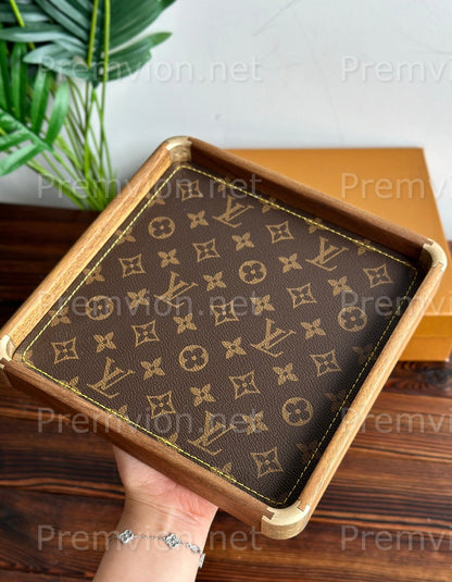 Luxury LV monogram leather walnut wood tray with golden stitching