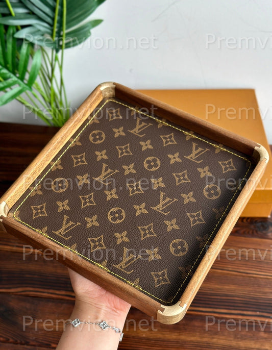 Luxury LV monogram leather walnut wood tray with golden stitching