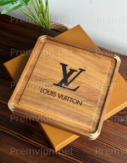 Elegant Louis Vuitton engraving on walnut wood back of luxury tray