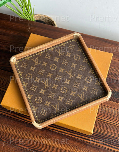 Handcrafted 23x23cm LV inspired walnut tray showing iconic monogram pattern