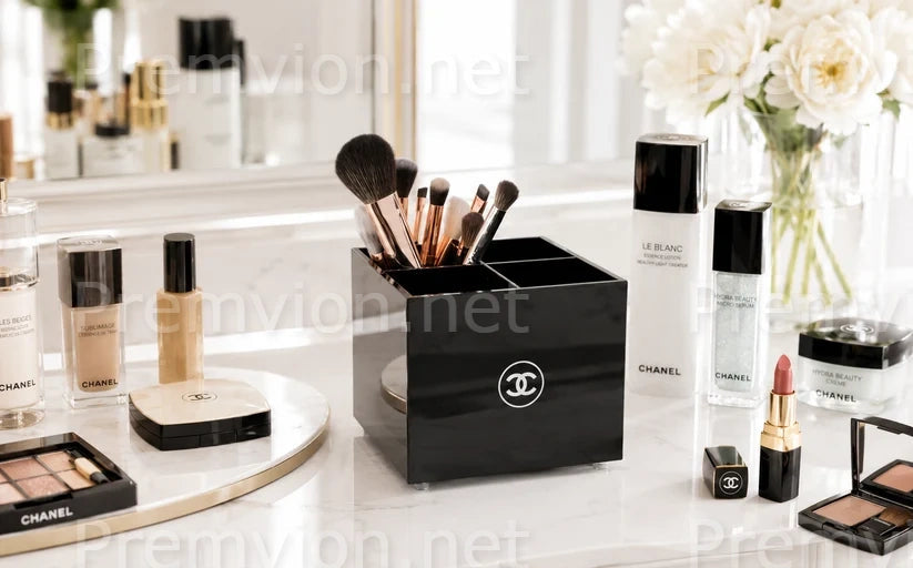 Elegant black Chanel VIP gift brush holder displayed on a vanity countertop.