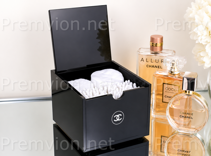 Chanel VIP gift acrylic cotton pad organizer with hinged lid for luxury vanity storage.