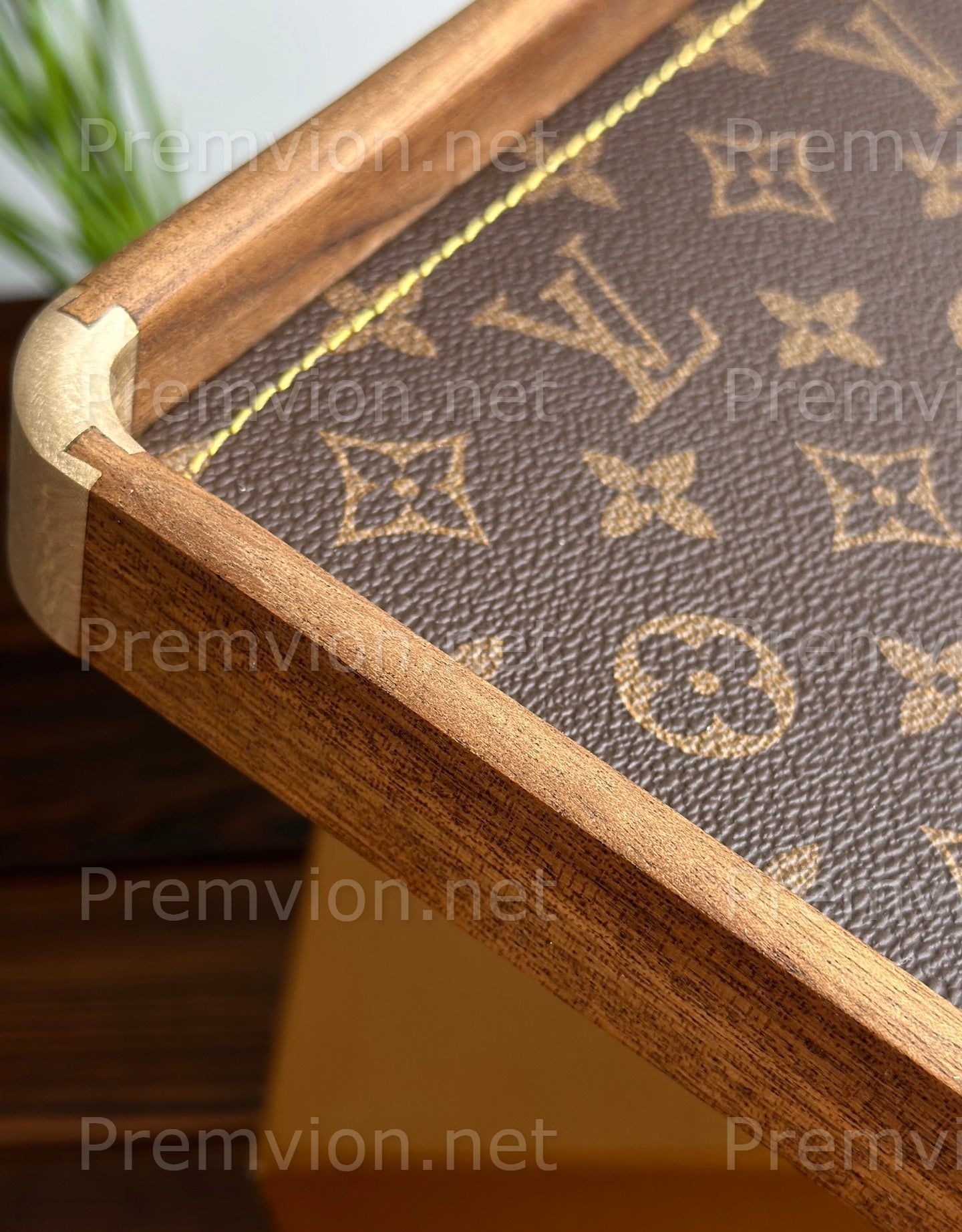 LV inspired luxury walnut tray used as desk organizer for watches and keys