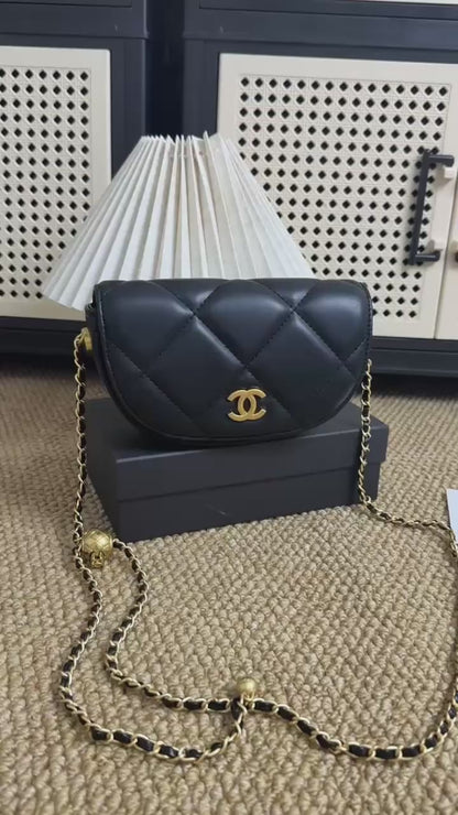 Black Quilted Mini Crossbody Bag – Gold Ball Clasp, Adjustable Strap