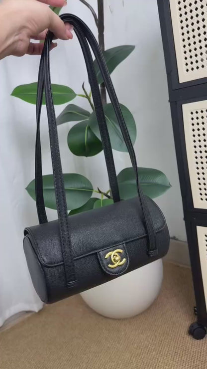 Black Caviar Leather Mini Bowling Bag – Gold Hardware Barrel Bag