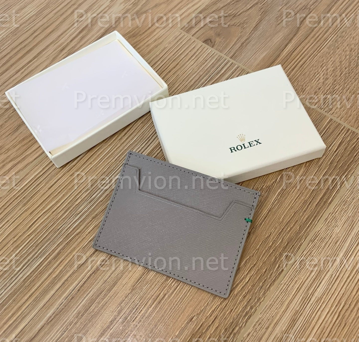 Compact Rolex Elephant Gray top-grain cowhide leather card holder with luxury presentation box for men and women