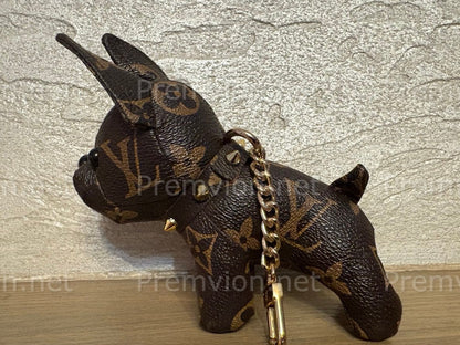 Handmade French Bulldog keychain crafted from recycled LV-pattern leather with gold chain clasp, eco-friendly designer-inspired dog charm for handbags and keys